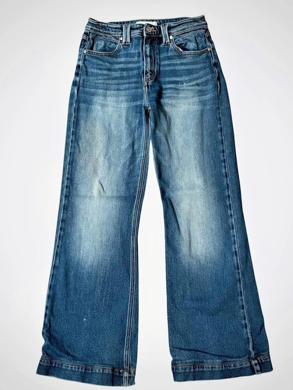 KanCan Medium Wash Distressed Hem Flare Jeans Sz 5/26 High Rise 70s Retro GUC